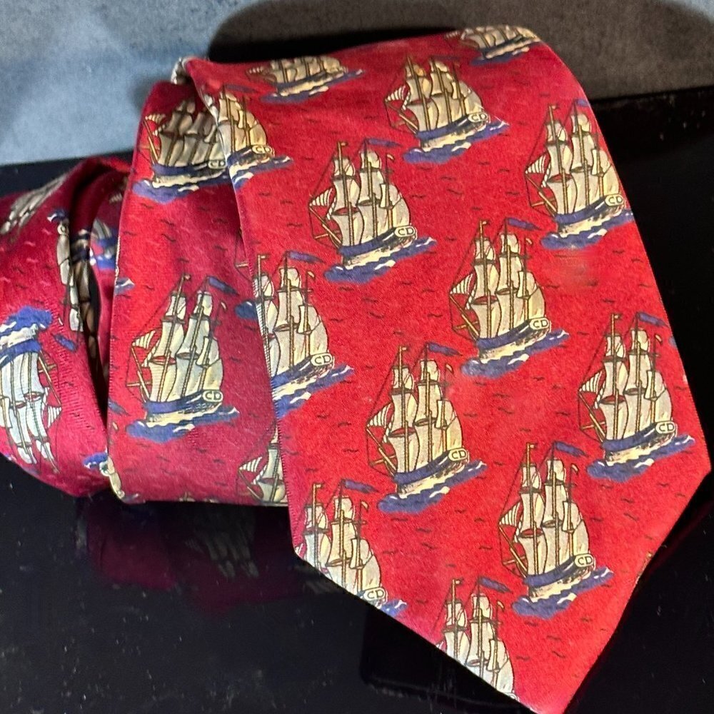 Dior Mid Century Modern Neckwear Tie 100% All Silk Red Sailboat Schooners Ship